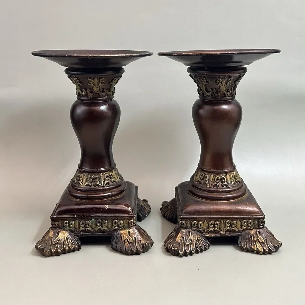 VTG Chinoiserie Pillar Candle Holders Pair Asian Ornate Pedestal w/Candle